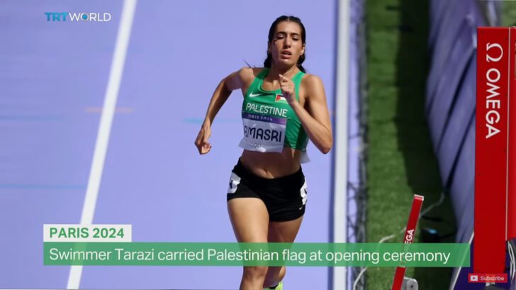 Layla Almasri of Palestine competes in the women's 800 metres track race at the 2024 Summer Olympics on August 2, 2024.